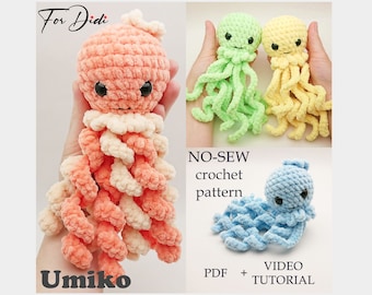 Octopus NO SEW crochet pattern. Video tutorial. Plush jellyfish crochet pattern. Amigurumi octopus pattern. Plush octopus pattern.