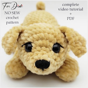 DOG crochet pattern PDF and complete video tutorial. Plush amigurumi puppy no sew crochet pattern. -Puppy Cooper-