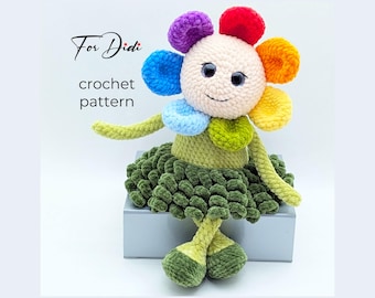 Rainbow FLOWER amigurumi low-sew crochet pattern – large plush shelf sitter doll PDF