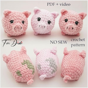 Puede incluir: Patrón de crochet para un juguete de peluche de cerdo sin costuras. El patrón incluye un PDF e instrucciones en video. La imagen muestra seis juguetes de peluche de cerdo rosas con diferentes expresiones faciales.