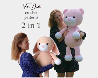 Giant BUNNY & giant BEAR crochet pattern PDF. Amigurumi bundle. Large plushies.   -Bunny Millie and Bear Lulu-