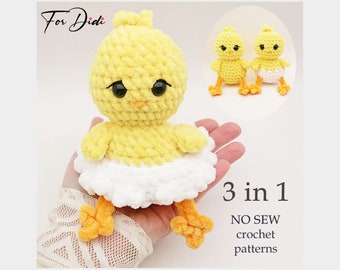 Modello PDF per pulcino all'uncinetto senza cuciture. 3 modelli. Amigurumi di Pasqua. -Chick Peep-