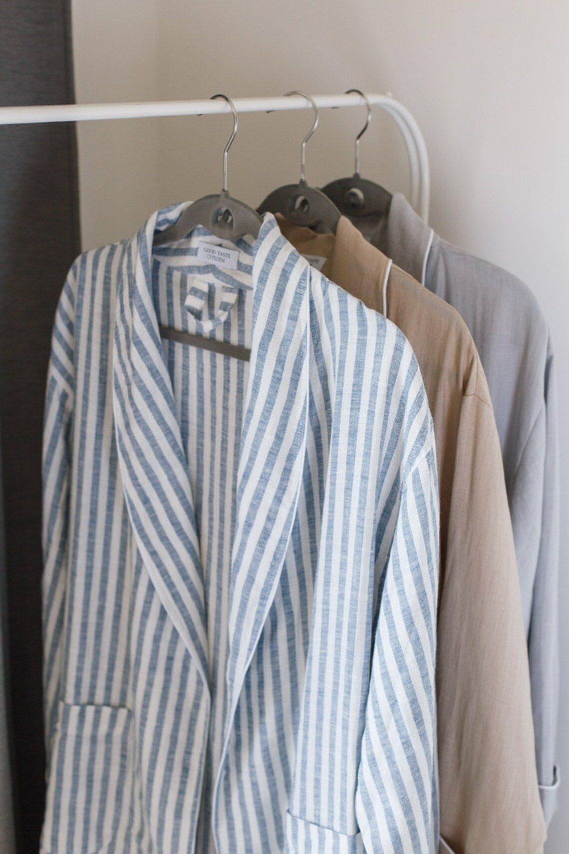 Striped White & Light Blue Soft Linen Unisex Bathrobe // With Etsy