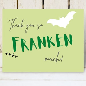 Carte de remerciement numérique Halloween, Franken Much, carte de remerciement pour petite entreprise, cartes fantasmagoriques, modèle Canva, Frankenstein imprimable