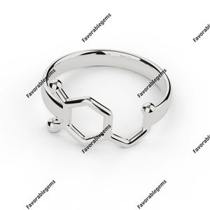May include: A silver ring with a chemical structure design. The ring is made of metal and has a shiny finish.