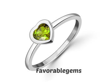 Peridot Heart Ring: Minimalist Sterling Silver August Birthstone