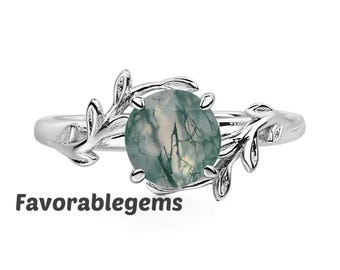 Art Deco Moss Agate Ring: Sterling Silver Leaf Vine Solitaire