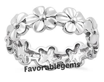 Sterling Silver Plumeria Flower Eternity Band - Hawaiian Lei Ring