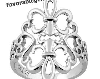 Sterling Silver Fleur De Lis Heart Ring: Boho Heraldic Jewelry