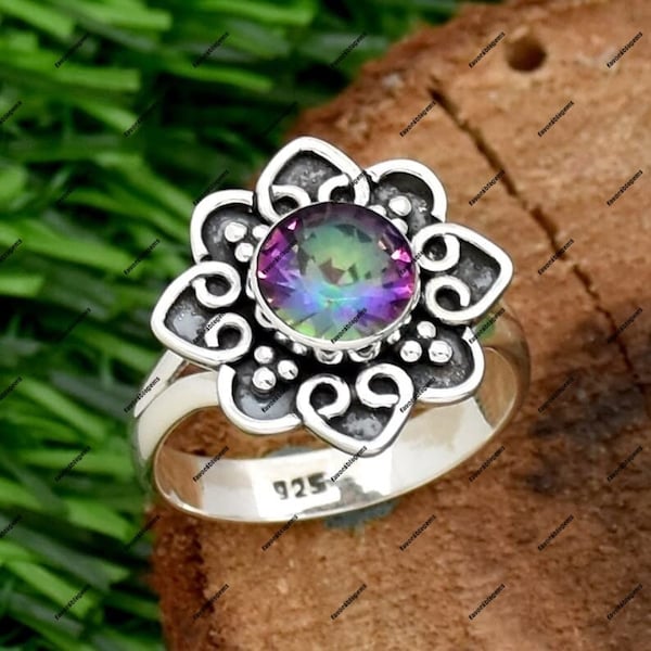 Mystic Topaz Ring - Round Gemstone Ring - 925 Sterling Silver Ring - Rings For Women - Ring For Gift