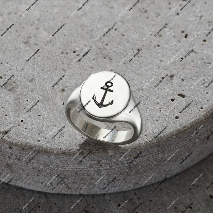 Sterling Silver Anchor Signet Ring - Boho Nautical Jewelry