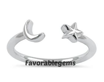 Sterling Silver Moon and Star Ring: Dainty Celestial Jewelry