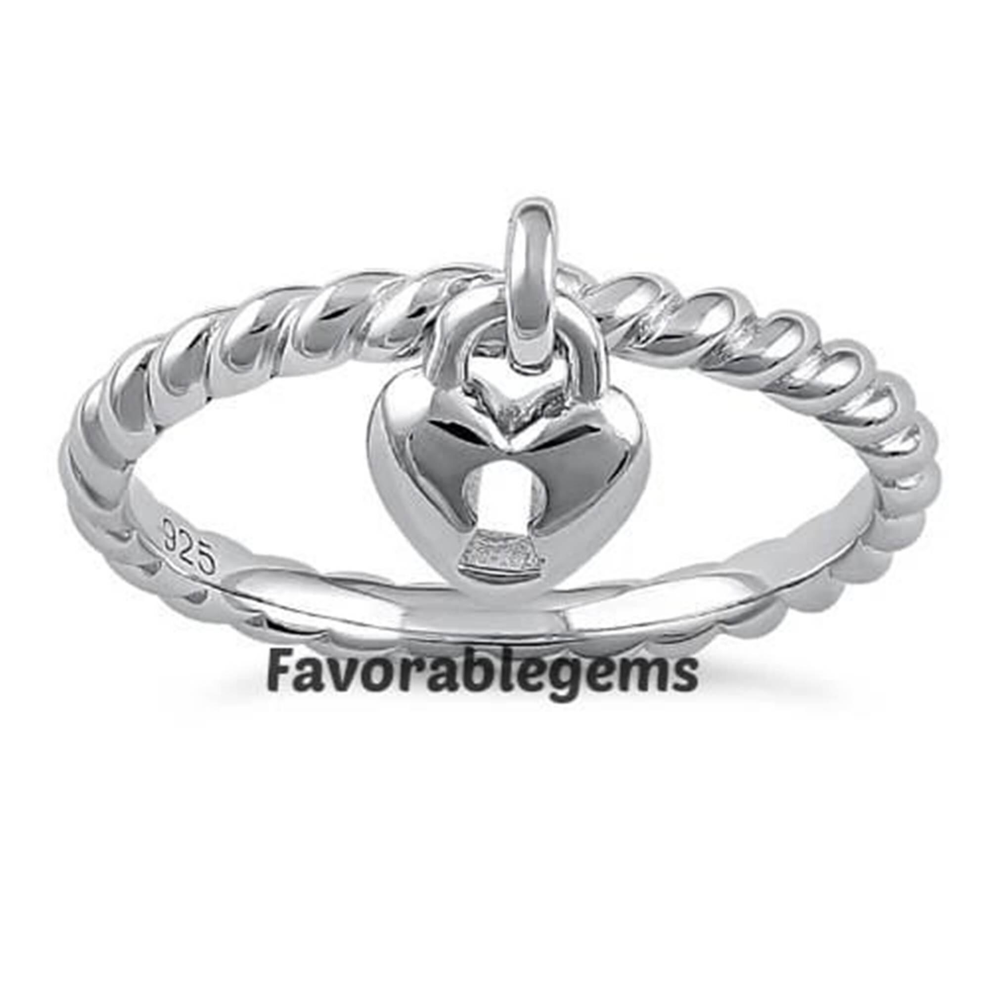VOROCO Sterling Silver Heart Lock Ring With AAA CZ – Rhodium Plated & Adjustable