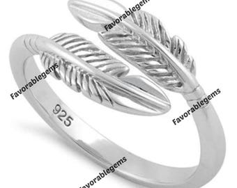 Sterling Silver Feather Ring: Adjustable Boho Wrap Ring