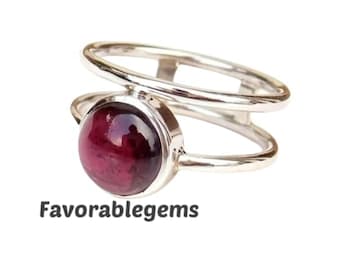 Garnet Gemstone Ring: Double Band Sterling Silver Boho Ring