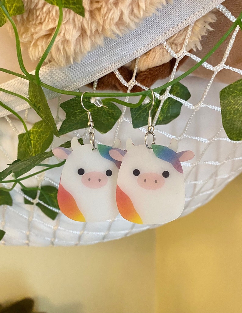 Rainbow Squishmallow Inspired Cow Earrings 