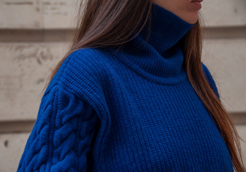 Bulky Sweater, Wool Cable Knit Sweater,Blue Pullover,Winter Knitted Sweater,Chunky Sweater,Turtleneck Jumper,Plus Size Sweater,Cozy Clothing image 4