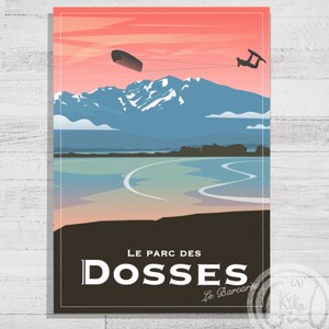 May include: A retro-style poster with a silhouette of a person kitesurfing in front of a mountain range. The poster has a pink, blue, and green color scheme and the text "LE PARC DES DOSSES Le Barcarès" at the bottom.