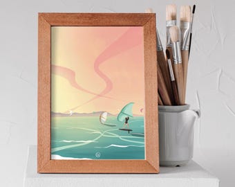 May include: A framed illustration of a person windsurfing on a turquoise body of water with a pink and orange sunset in the background.