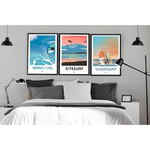 May include: Three framed illustrations of water sports. The first illustration shows a person wingfoiling on a blue wave with the text "WINGFOIL". The second illustration shows a person kitesurfing on a blue wave with the text "KITESURF". The third illustration shows a person windsurfing on a blue wave with the text "WINDSURF".