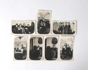 Group of Friends Snapshot Photo Lot of 7, 1930s Dapper Men Well Dressed Women, Parlor Piano Interiors, Dated January 1934 Photographs