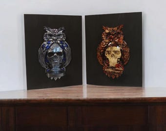 Wall Sconces, Owl & Skull Candleholder, 9x12 Wall Hanging, Handmade Unique Art Sculptures, Customizable,  One Glows, Home Accents, Gifting