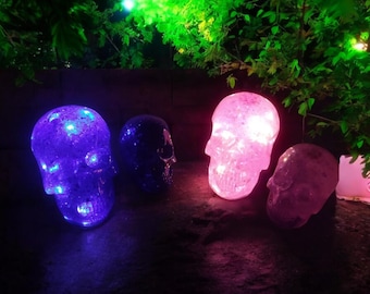 Resin Skulls, Pair of 2, 2 Styles, Handmade Skulls, LED Light Up, Battery Operated, Customizable, Gifting, Room Art, Light Up, Sparkly, Fun