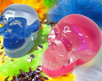 Skulls, Glow in The Dark, Hand Made Resin Art Skulls, Angled Layers, High Shine Sparkle, Room Art, Unique, Gifts For Her/Him, One of a Kind