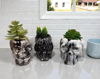 Skulls, Mini Plants, Tealights, Pencils, Functional, Office, Home, Room Accents, Customizable, Hear, See, Speak No Evil Theme, 3 Piece Set