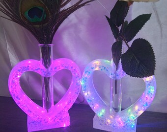 Heart Vases, Light Up LED, Handmade Resin Art, Wedding, Valentine's, Get Well, Any Occasion, Clear Flask, Customizable, Home Decor, Love