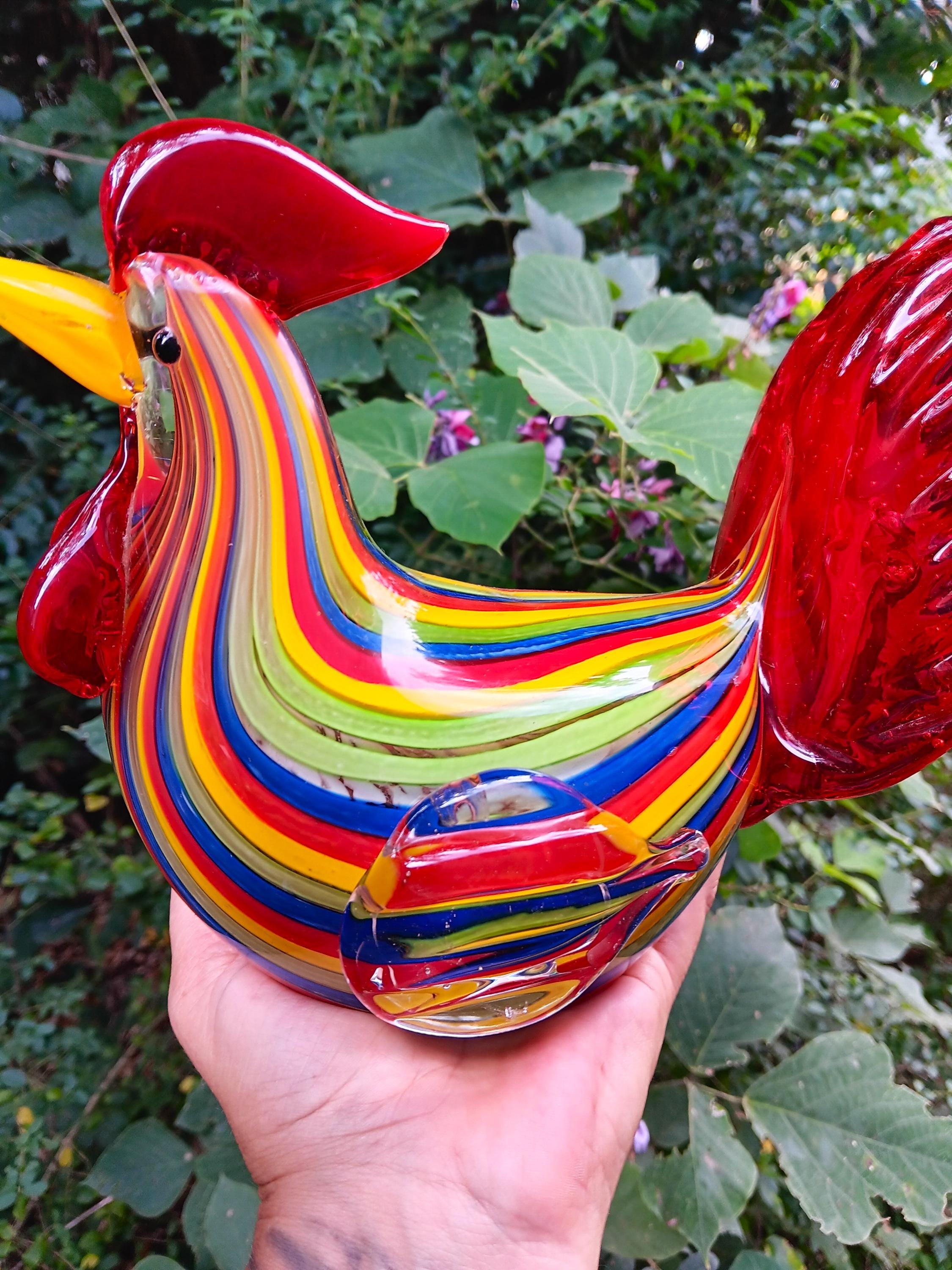 Blown Glass Rooster, Vintage Rare Sunrise Stripes Rooster, Rainbow