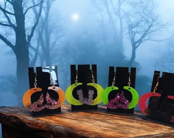 Kitty & Wolf Crescent Moon Drop Earrings, Spooky And Fun, You Customize, Party Wear, Fun Jewelry, Gift Giving, Party Favors, Glow Options