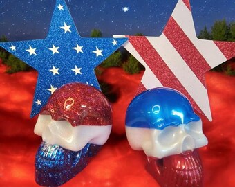 Patriotic Skulls, Handmade Resin Skulls, 2 Styles, Independence, Celebration, Man/She Cave, Gifting, Red, White, Blue, Symbolism, America