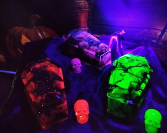 Coffins, Storage Dishes, W/Mini Skull, UV Glow/Traditional Glow, You Customize, Handmade Art, Gothic, Halloween Art, Home Accent, Functional
