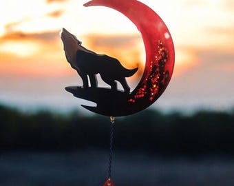 Wolves, Wolf Crescent Moons, Hanging, Sparkly, Gifts For Him/Her, Customized Art Pieces, Hand Made Resin Art, Choice of Colors, Sparkles