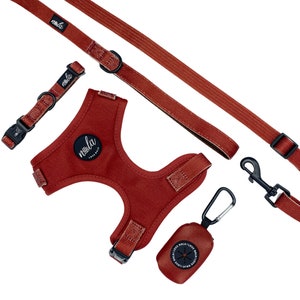 May include: A red dog harness, leash, collar, and poop bag holder set with black hardware and the word "nola" in white lettering.