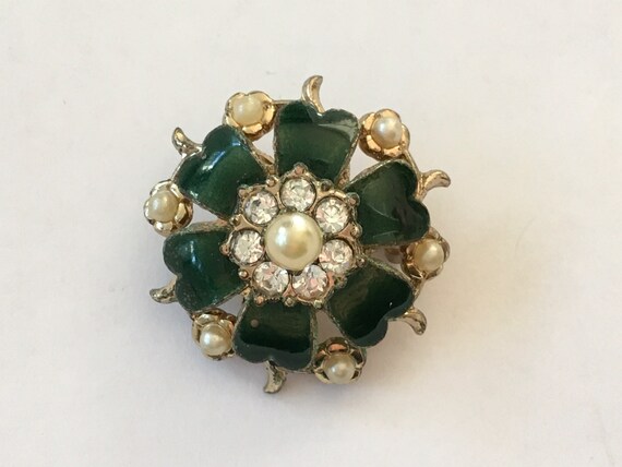 Vintage Signed Coro Pearl & Rhinestone Pin - image 2