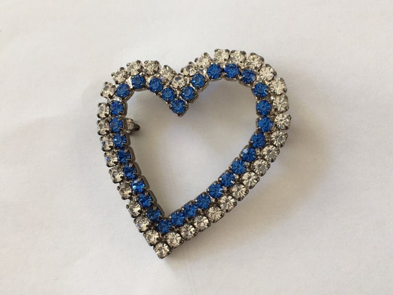 Vintage Sky Blue & Clear Rhinestone Heart Pin - image 1