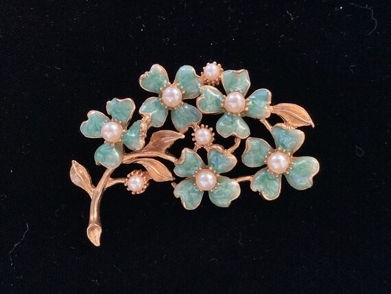 Vintage Enameled Four-leaf Clover Brooch with Pea… - image 2