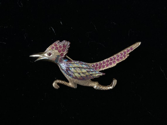 Vintage Enameled & Rhinestone Road Runner Brooch - image 1