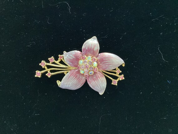 Vintage Enamel & Rhinestone Floral Brooch - image 2