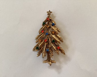 Vintage Early Signed Art Golden Christmas Tree Pin with Multicoloured Rhinestones