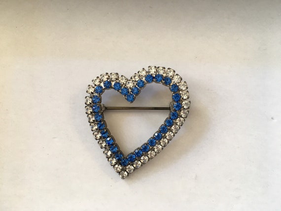 Vintage Sky Blue & Clear Rhinestone Heart Pin - image 4