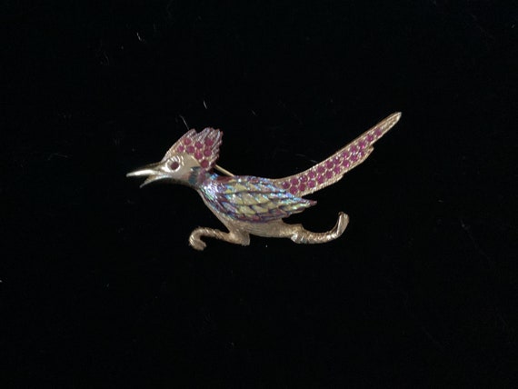 Vintage Enameled & Rhinestone Road Runner Brooch - image 2