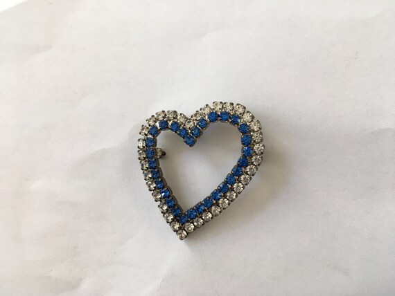 Vintage Sky Blue & Clear Rhinestone Heart Pin - image 2