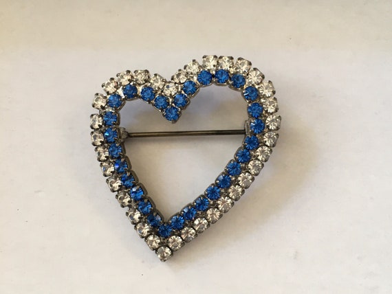 Vintage Sky Blue & Clear Rhinestone Heart Pin - image 5