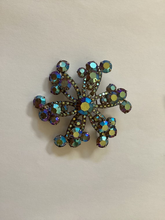 Vintage Blue Aurora Borealis Rhinestone Brooch - image 2