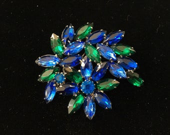 Vintage Blue & Green Rhinestone Brooch.