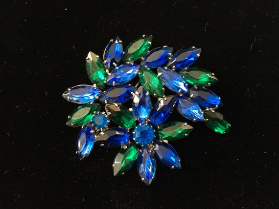 Vintage Blue & Green Rhinestone Brooch. - image 1