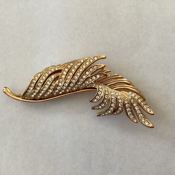 Vintage Signed Roman Rhinestone Feather Brooch